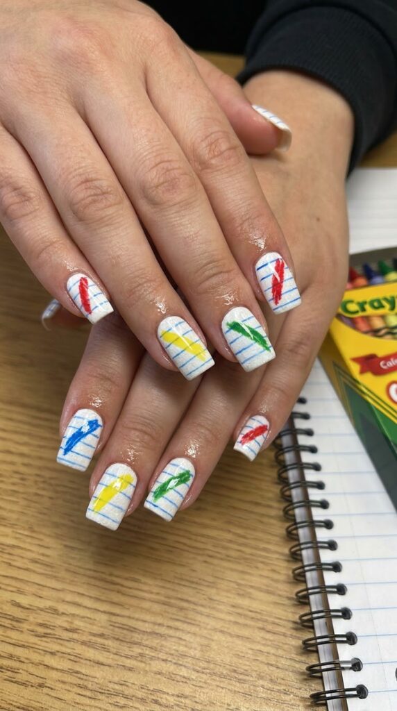 White notebook nails with colorful crayon stroke accents
