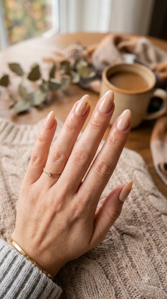 Nude nails with tiny gold leaf accent for early fall