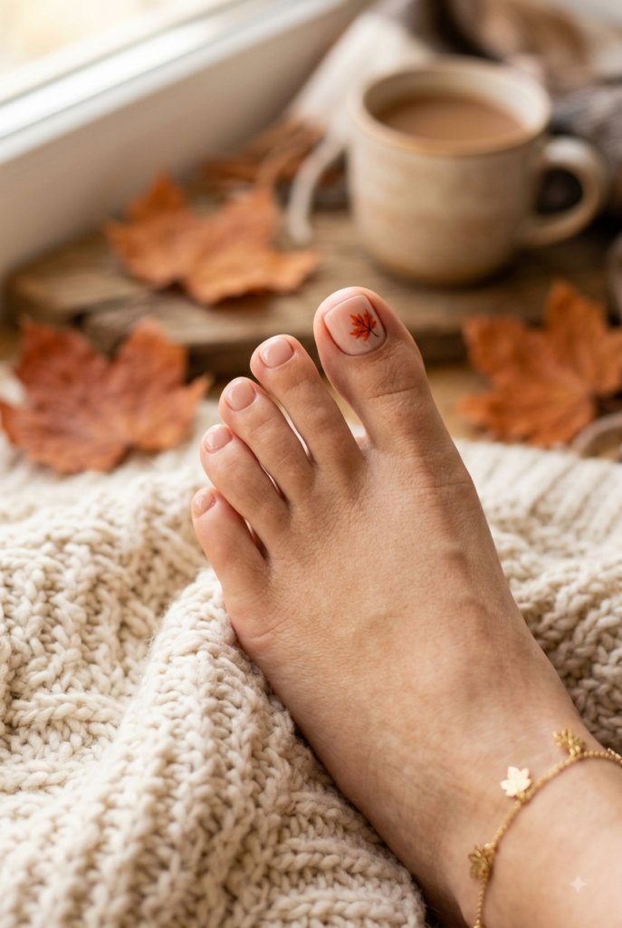 Nude toe nails with a tiny autumn leaf accent