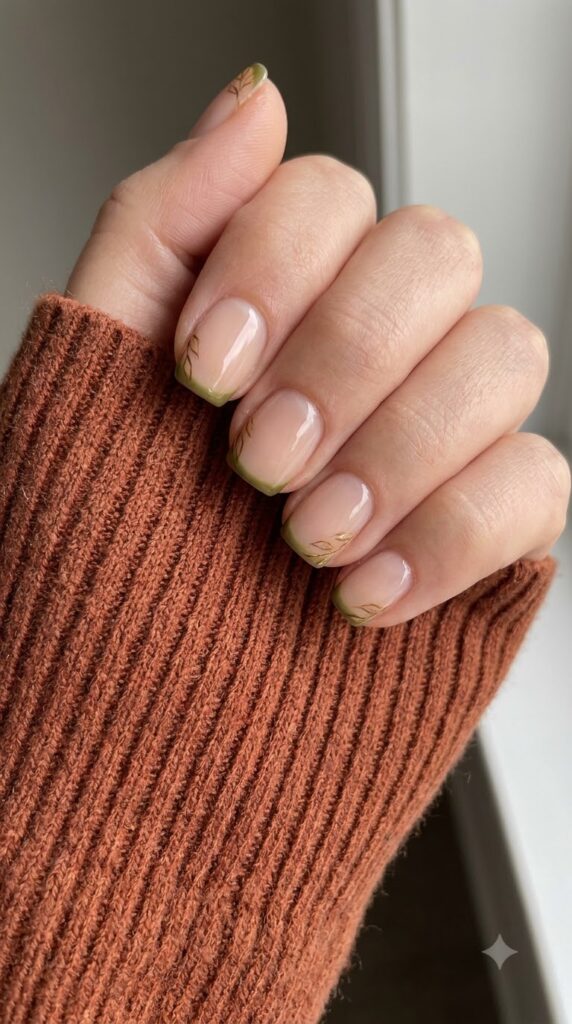 Short square nails with nude base and thin olive green French tips