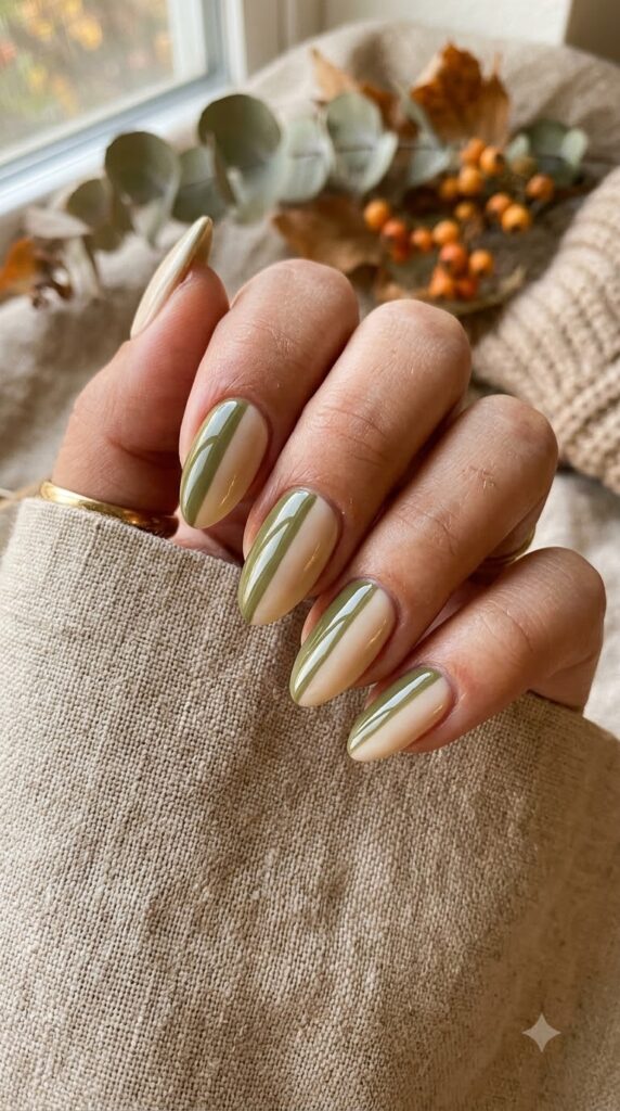 Olive and cream color block nails for September