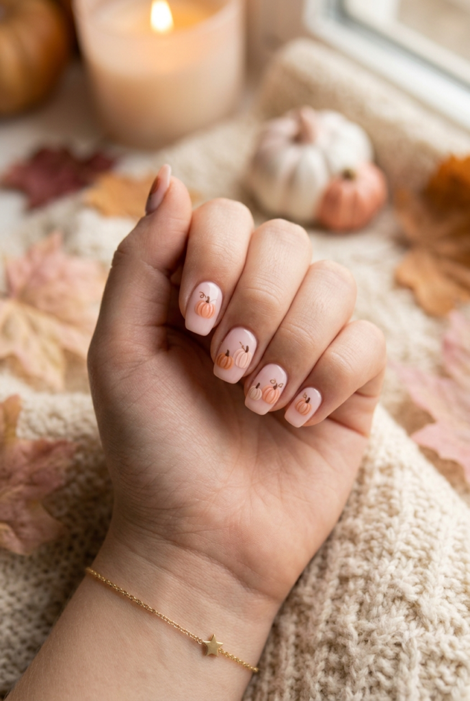 Short squoval nails with pastel pink polish and mini orange pumpkins