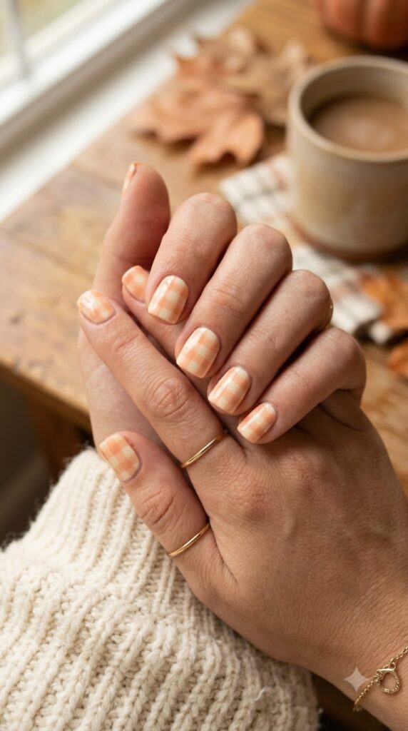 Peach gingham nails for cute September style