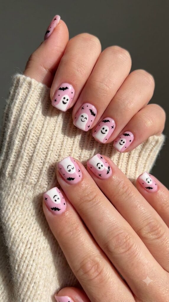 Short square nails in pastel pink with cute ghosts and black bats