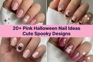 Collage of pink Halloween nail ideas for 2026 with cute spooky pink designs