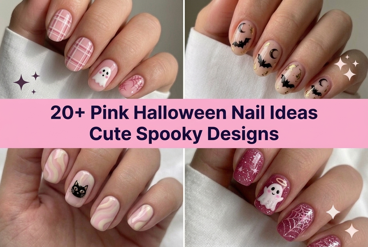 Collage of pink Halloween nail ideas for 2026 with cute spooky pink designs
