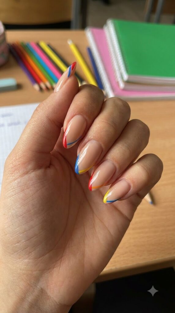 Nude nails with red blue and yellow side tips