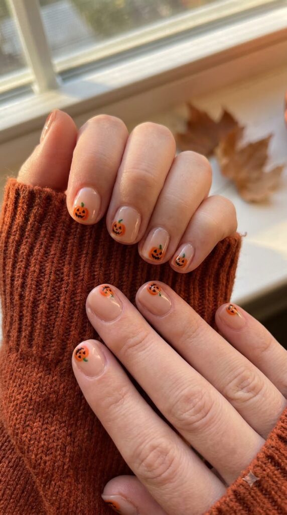 Short natural nails with nude base and small orange pumpkins