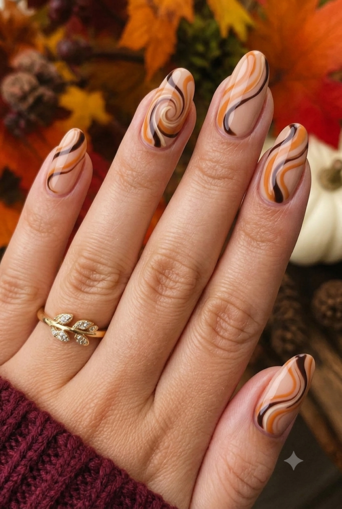 Long almond nails with beige base and pumpkin espresso swirls