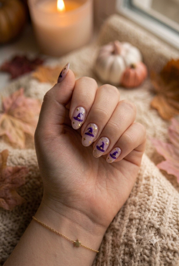 Oval lavender nails with tiny purple witch hats and gold stars
