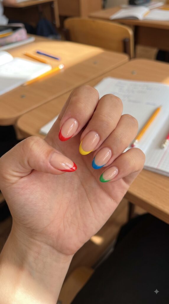 Nude nails with rainbow crayon French tips for back to school
