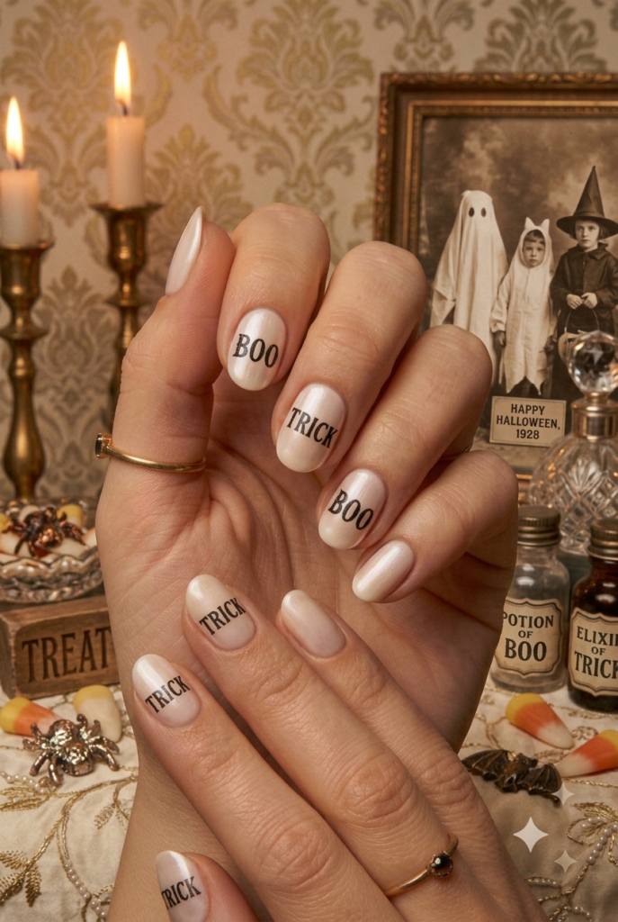 Short almond nails with cream base and tiny vintage Boo typography accents