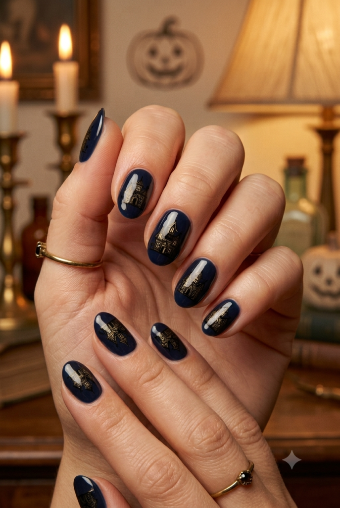Short almond nails with dark navy base and tiny retro haunted house accents