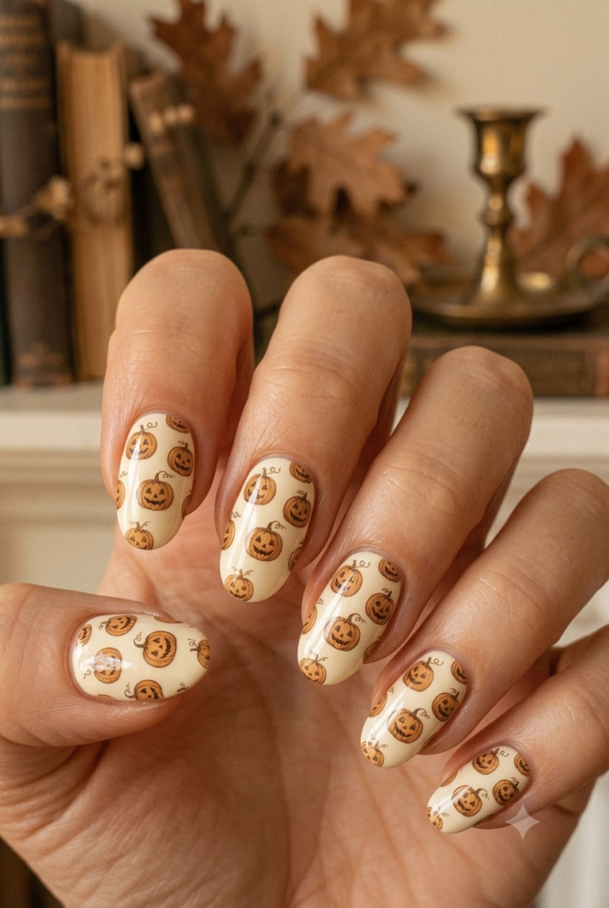 Short almond nails with cream base and tiny retro pumpkin print accents