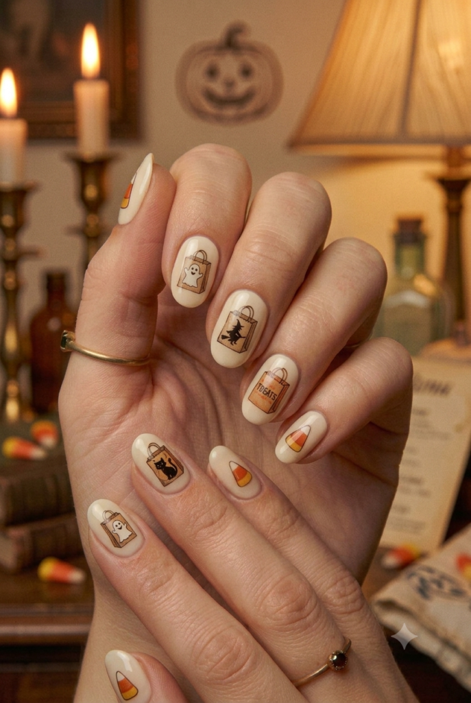 Short almond nails with cream base and tiny vintage trick-or-treat bag accents