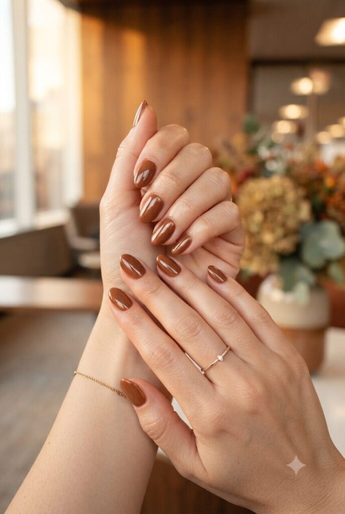 Short almond nails with glossy warm cognac brown polish
