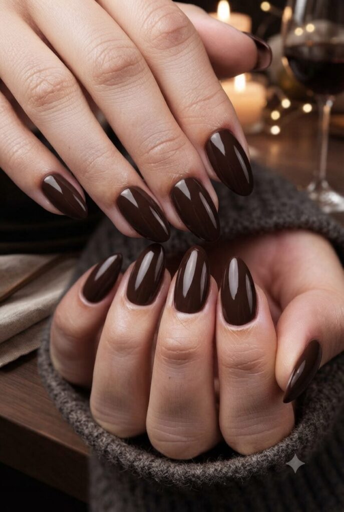 Short almond nails with glossy deep espresso brown polish