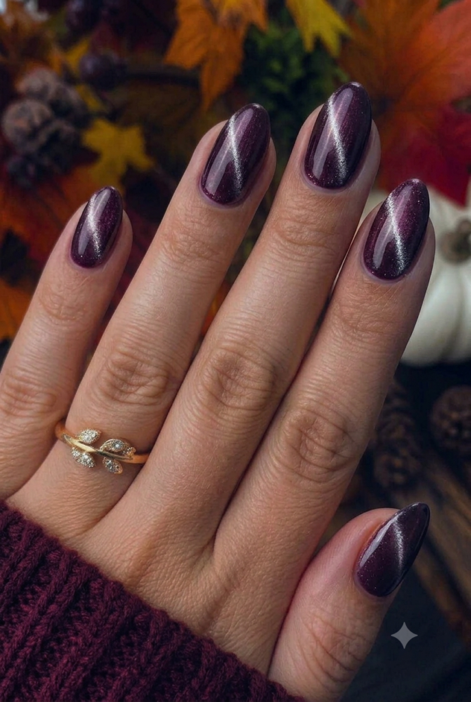 Almond nails with deep plum magnetic cat-eye velvet shimmer