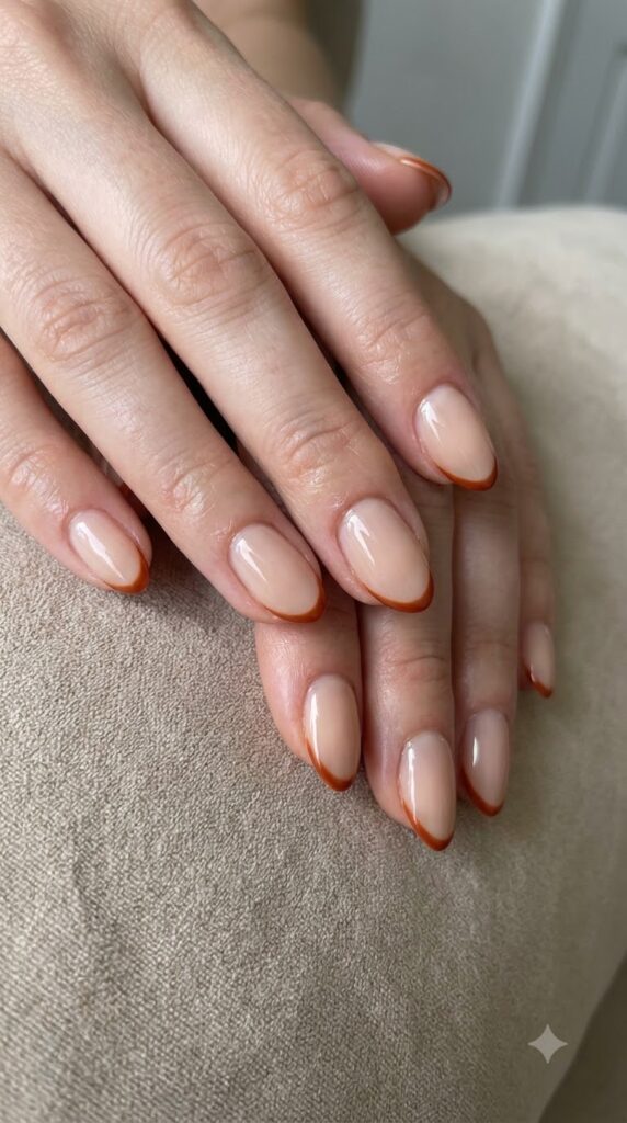 Short almond nails with nude base and rust orange tip outlines