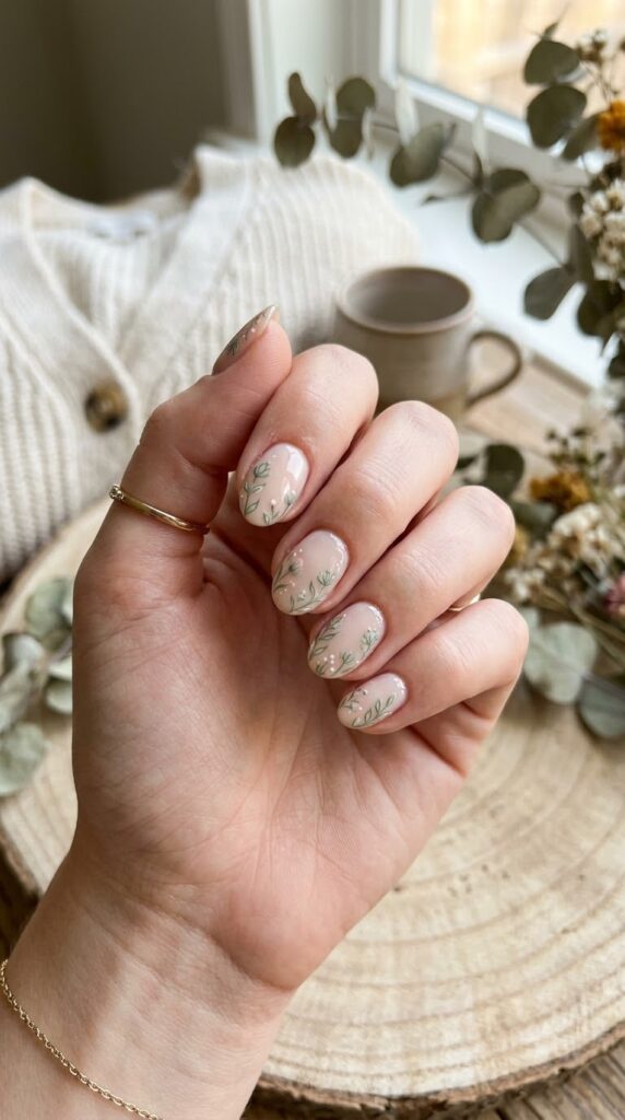 Milky nude nails with sage floral outline art
