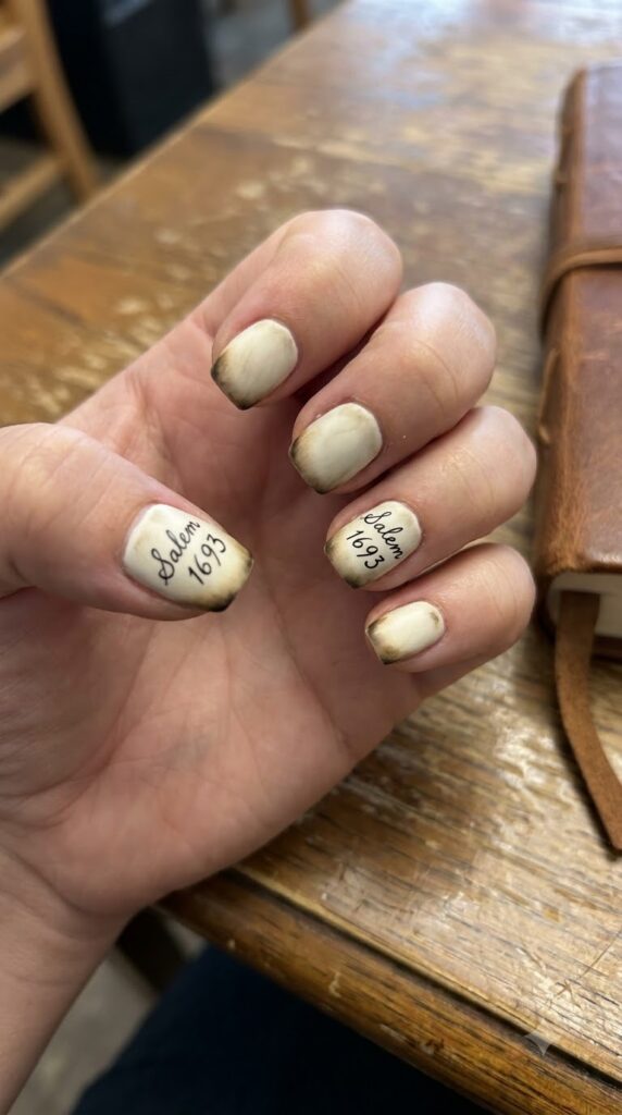 Short square parchment nails with black antique Salem 1693 script