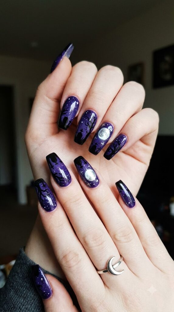 Coffin purple nails with black gravestones and silver moon art