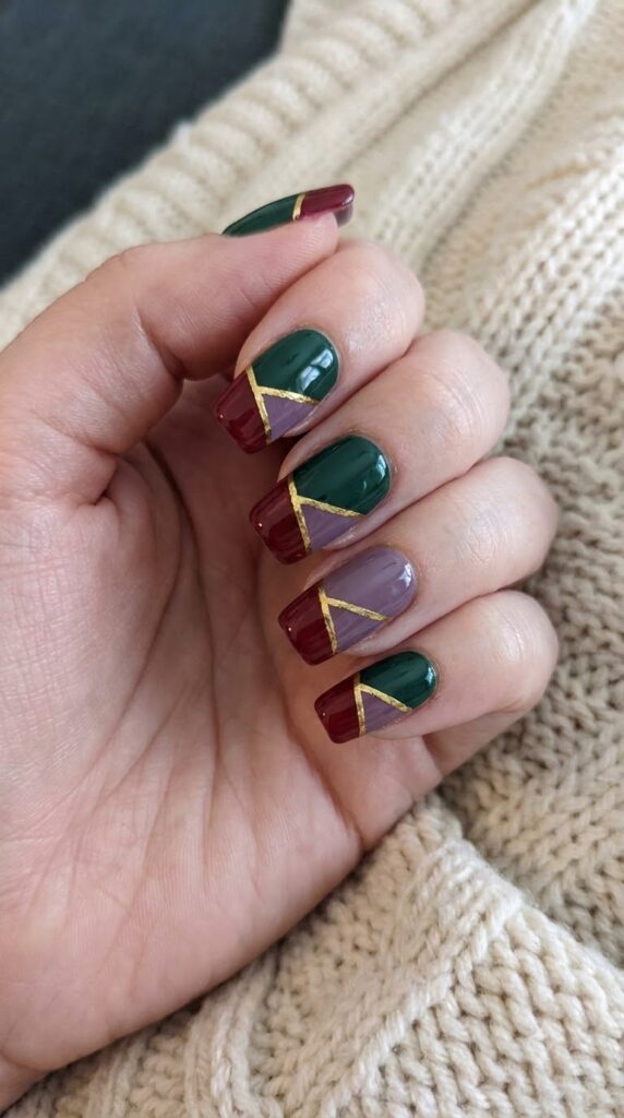 Squoval nails split with Winifred green, Sarah purple, and Mary red
