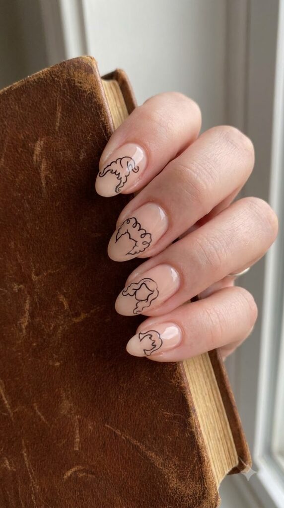 Short almond nude nails with French tips shaped like sister hair outlines