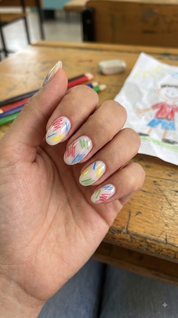 Milky white nails with bright crayon scribble lines