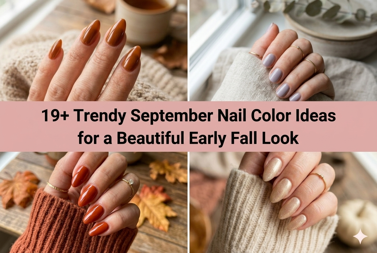 Collage of trendy September nail color ideas for a beautiful early fall look in 2026