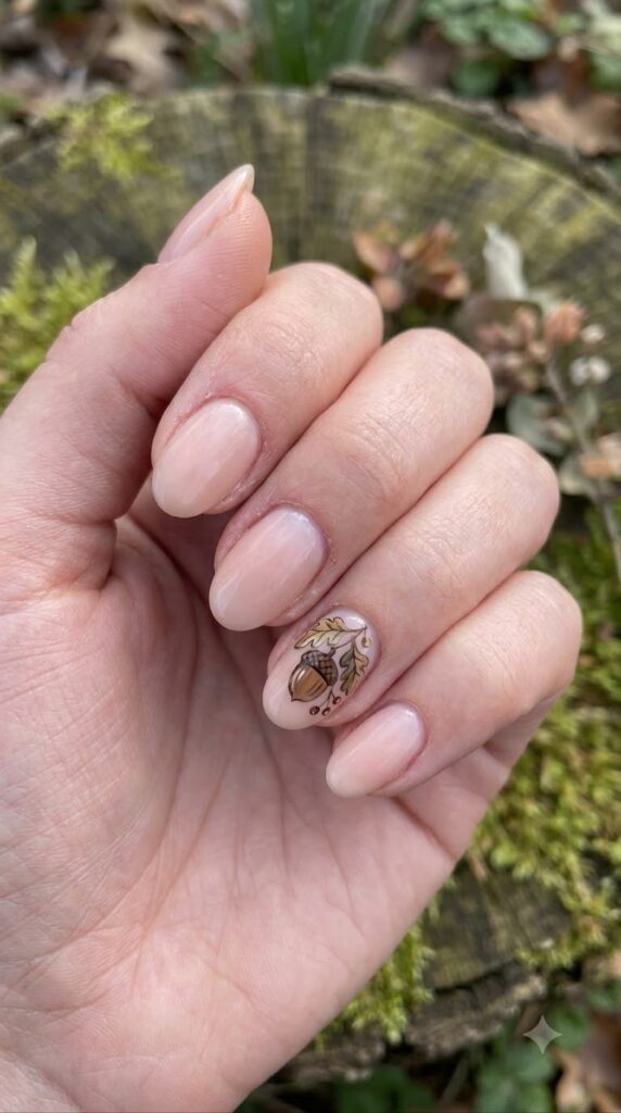 Oval nails with sheer blush base and micro acorn accent art