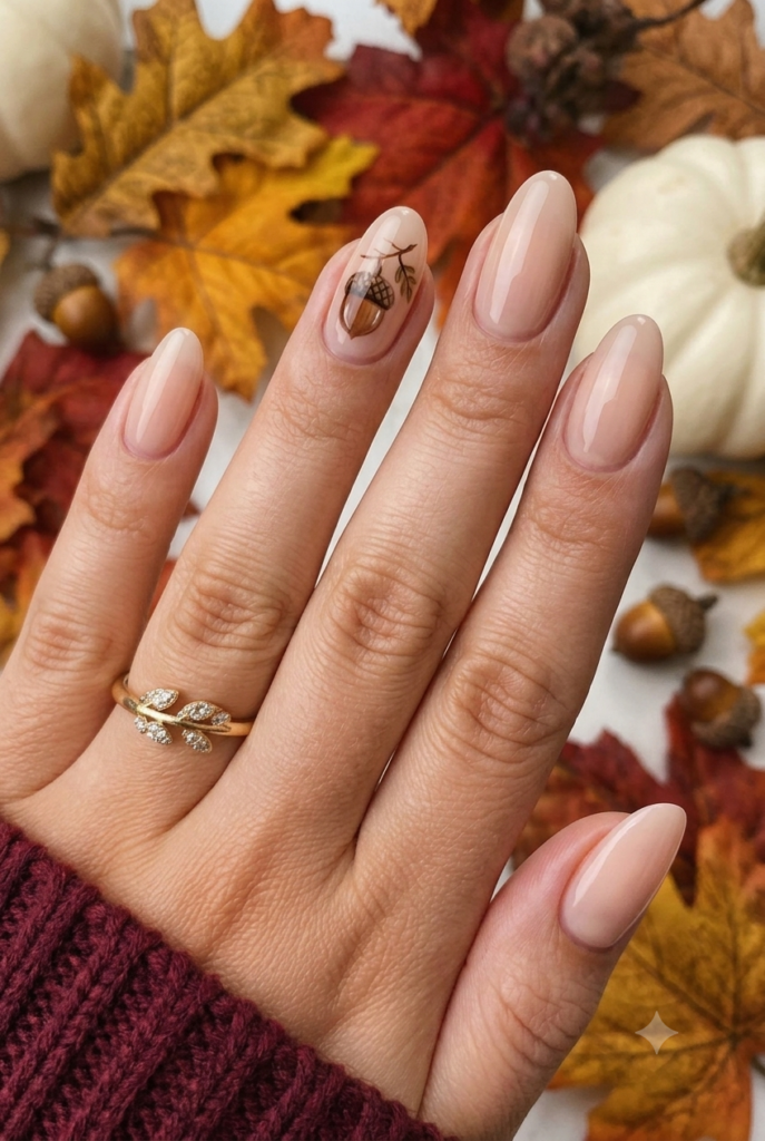Oval nails with sheer blush nude base and tiny acorn accent art