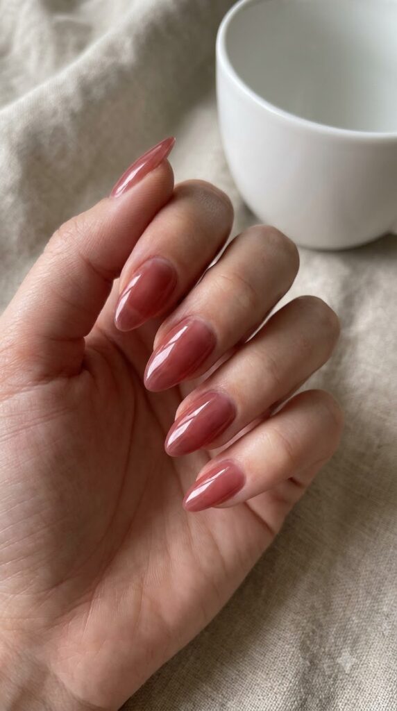 Almond nails with sheer brick rose warm red-pink polish