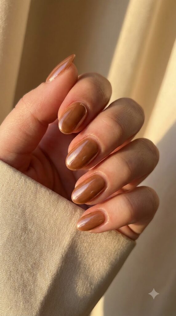 Short almond nails with sheer caramel spice glaze polish