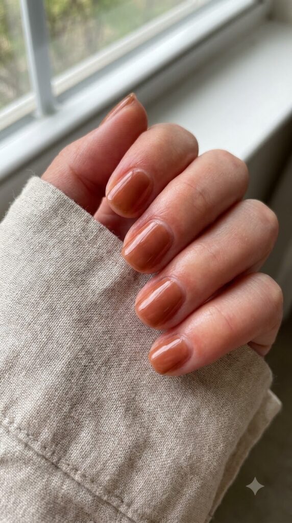 Short squoval nails with sheer cinnamon tinted wash polish