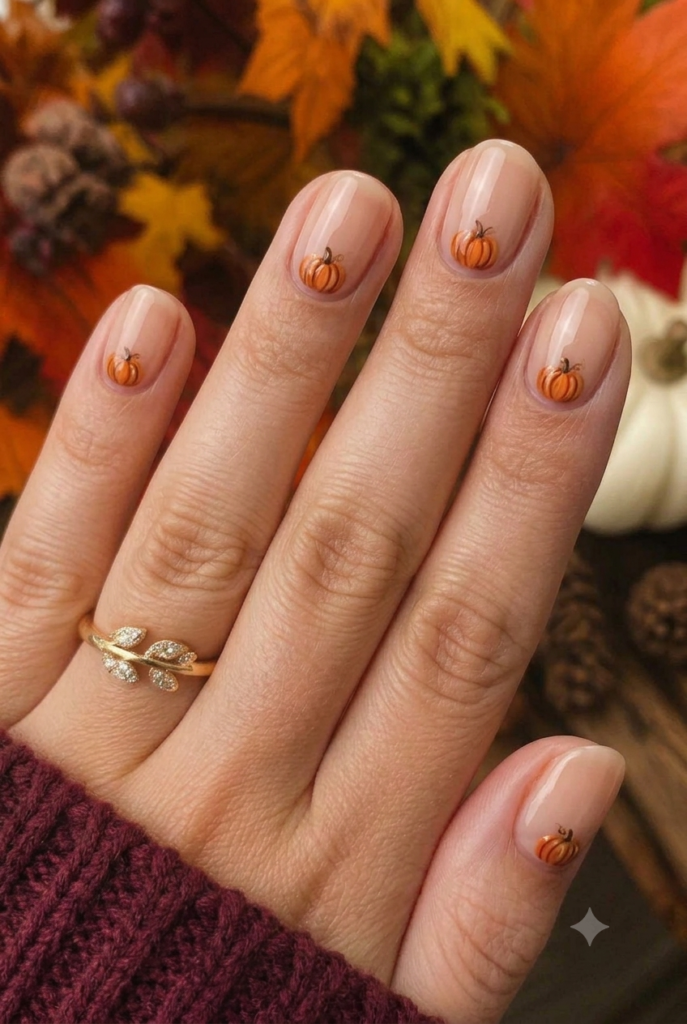 Short round nails with sheer nude base and tiny painted pumpkins