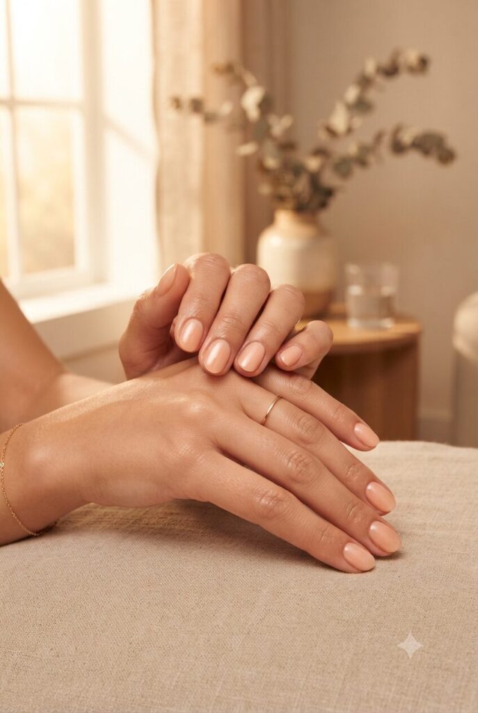 Short oval nails with ultra-sheer soft peach sunset polish