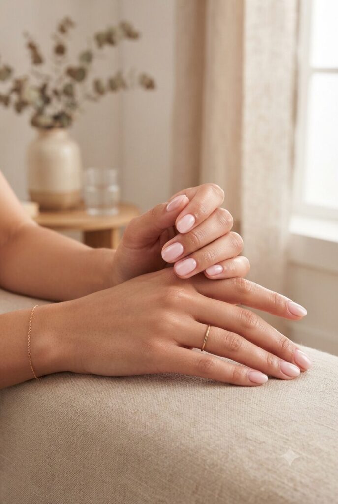 Short oval nails with ultra-sheer soft pink ballet polish