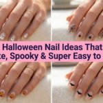 Collage of simple and cute Halloween nail ideas featuring ghosts, pumpkins, and webs