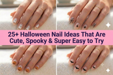 Collage of simple and cute Halloween nail ideas featuring ghosts, pumpkins, and webs