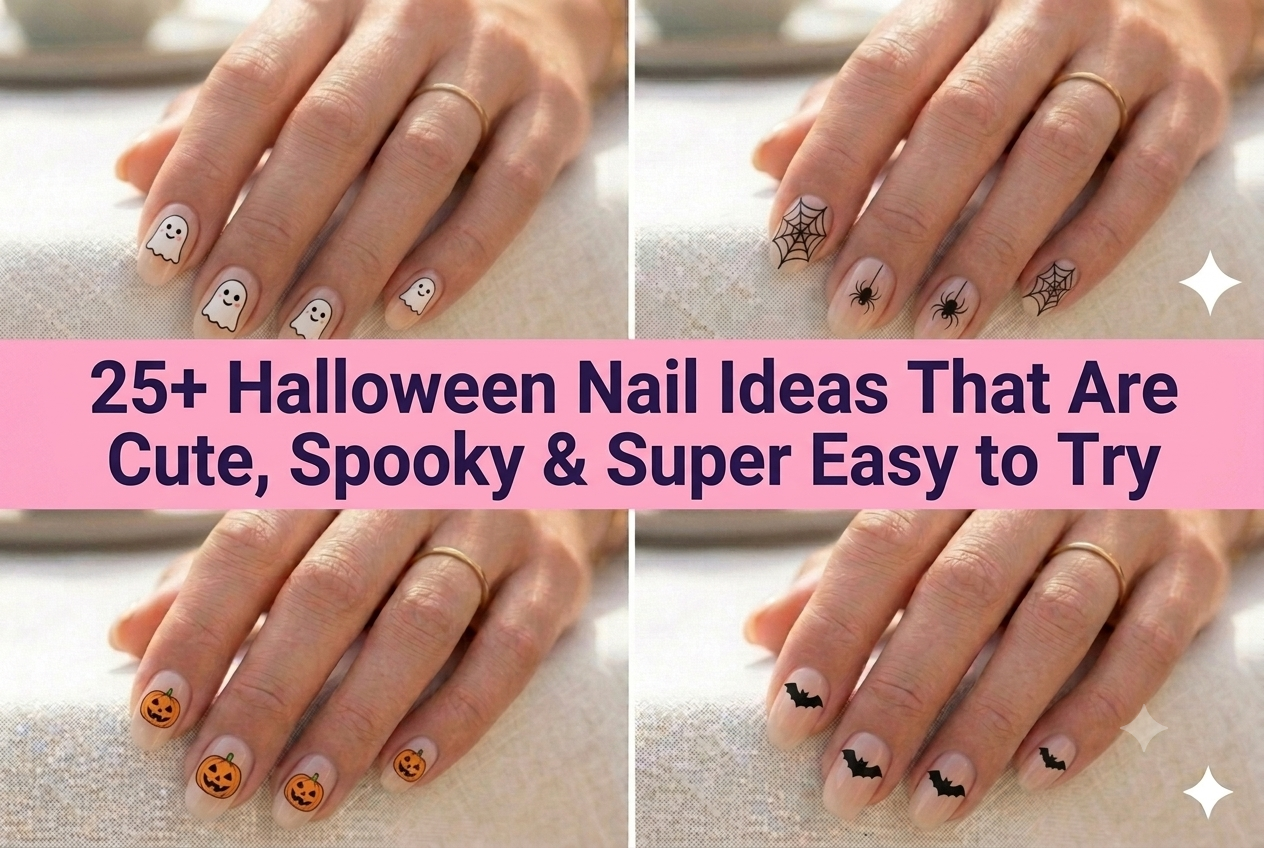 Collage of simple and cute Halloween nail ideas featuring ghosts, pumpkins, and webs