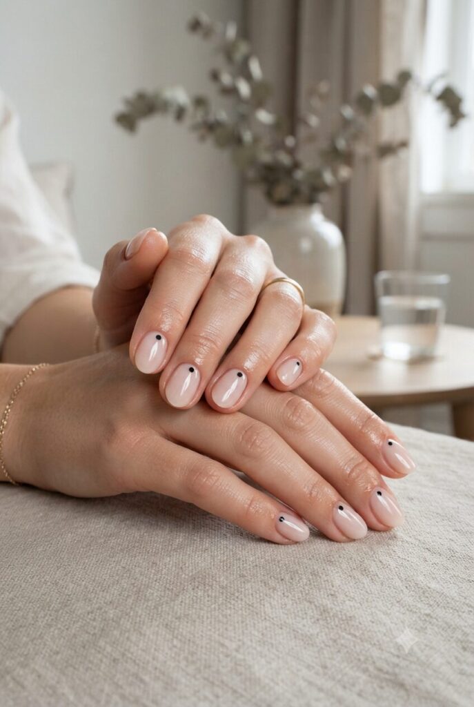 Short oval nails with soft nude base and tiny black cuticle dot