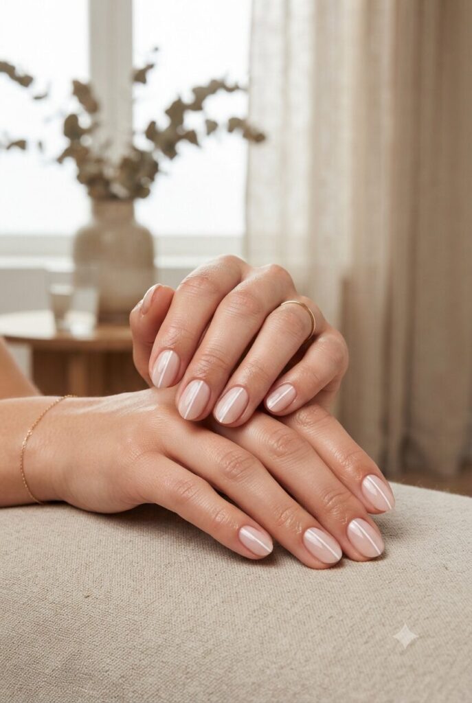 Short almond nails with nude base and thin vertical white stripe