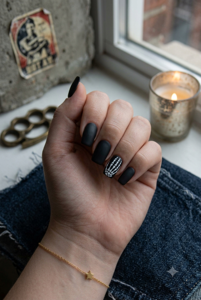 Short squoval matte black nails with white skeleton hand bone art