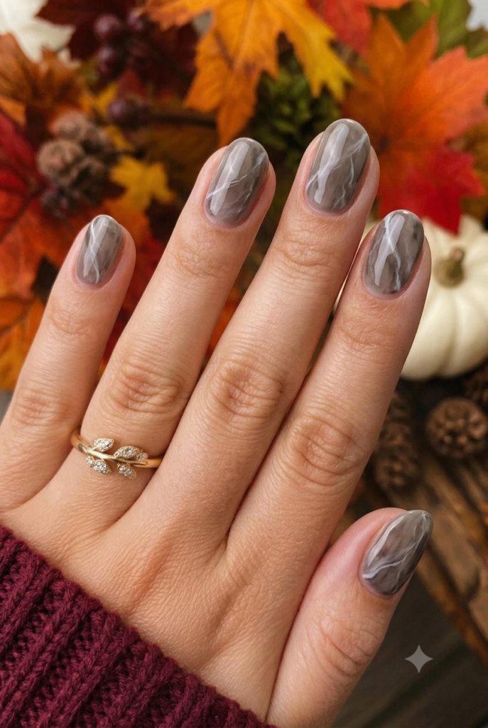 Short oval nails with smoky grey base and soft white marble veins