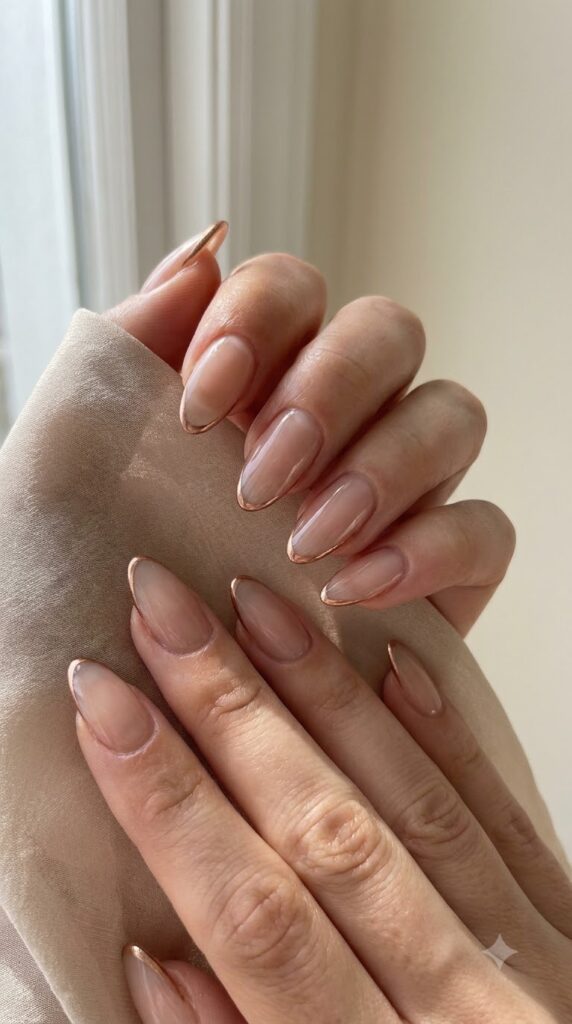 Almond nails with clear base and thin metallic soft bronze outline