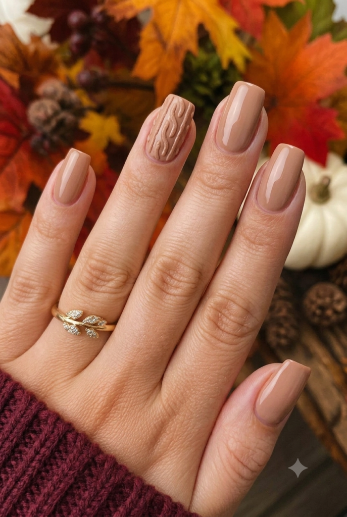 Squoval nails with latte brown polish and 3D sweater knit accent