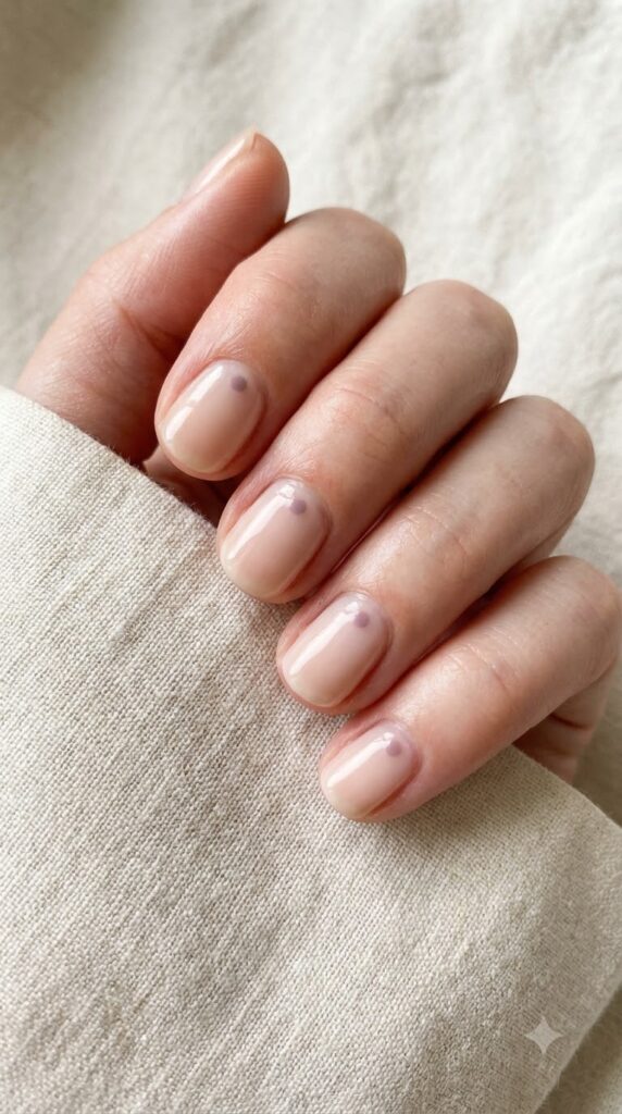 Short round nails with pale nude base and soft mauve cuticle dot
