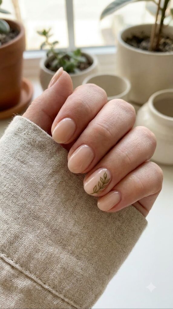 Short oval nails with nude base and tiny green olive leaf art