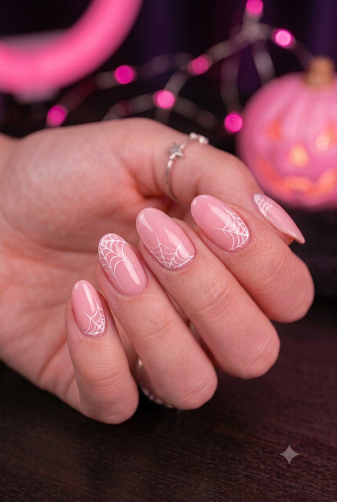 Short almond nails with soft pink base and tiny white cobweb accents